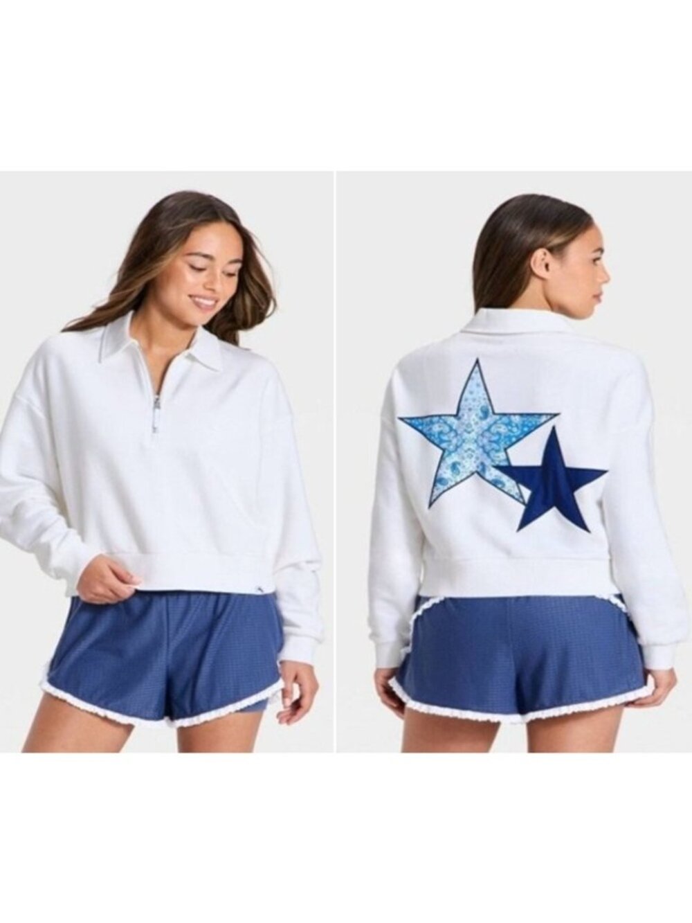 JOYLAB Women's White Cropped Relaxed Fit 1/4 Zip Sweatshirt Blue Stars Size L